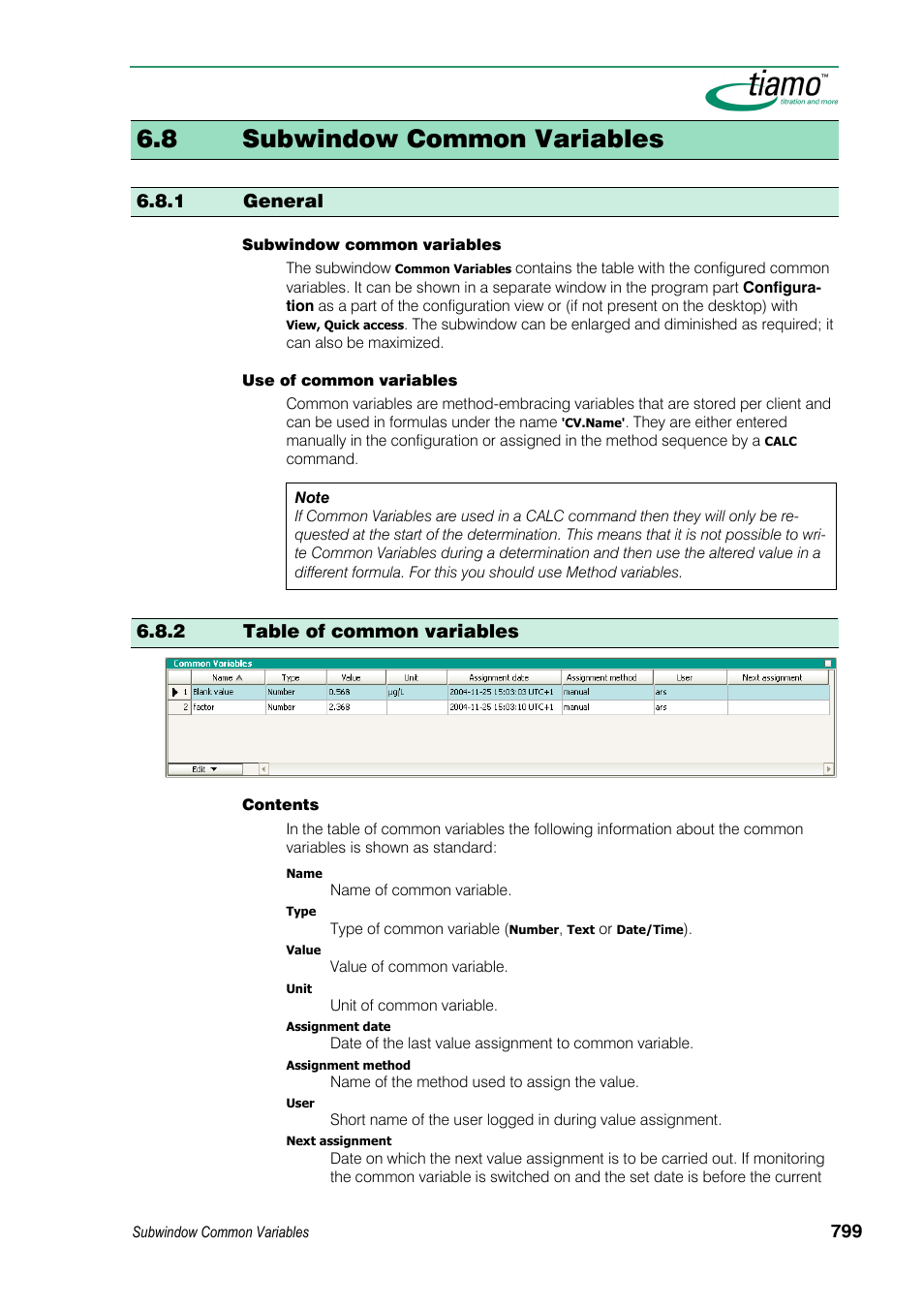 8 subwindow common variables, 1 general, 2 table of common variables | Metrohm tiamo 1.3 Manual User Manual | Page 825 / 893