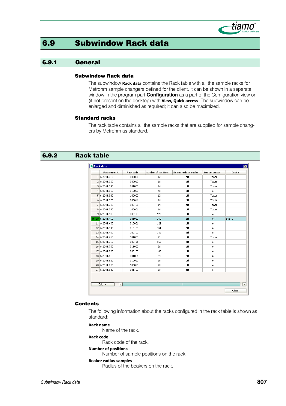 9 subwindow rack data, 1 general, 2 rack table | Metrohm tiamo 1.3 Manual User Manual | Page 833 / 893