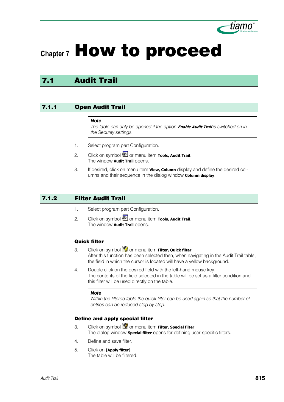 How to proceed, 1 audit trail, 1 open audit trail | 2 filter audit trail, Chapter 7 | Metrohm tiamo 1.3 Manual User Manual | Page 841 / 893