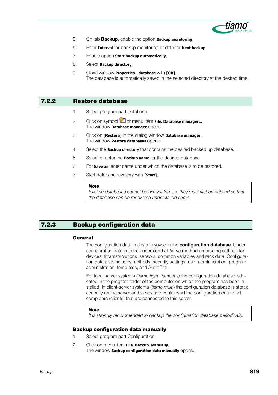 2 restore database, 3 backup configuration data | Metrohm tiamo 1.3 Manual User Manual | Page 845 / 893