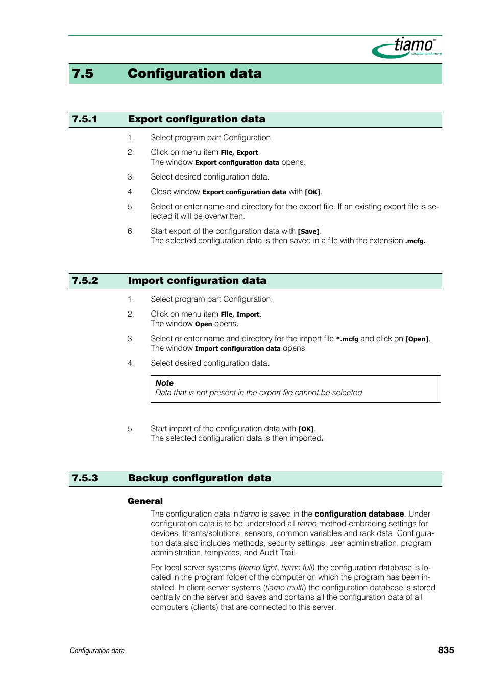 5 configuration data, 1 export configuration data, 2 import configuration data | 3 backup configuration data | Metrohm tiamo 1.3 Manual User Manual | Page 861 / 893