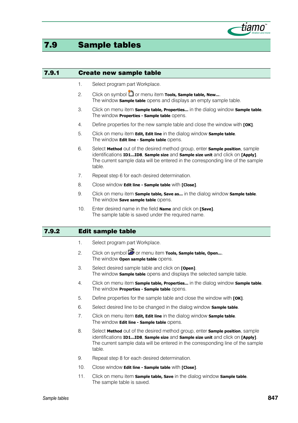 9 sample tables, 1 create new sample table, 2 edit sample table | Metrohm tiamo 1.3 Manual User Manual | Page 873 / 893
