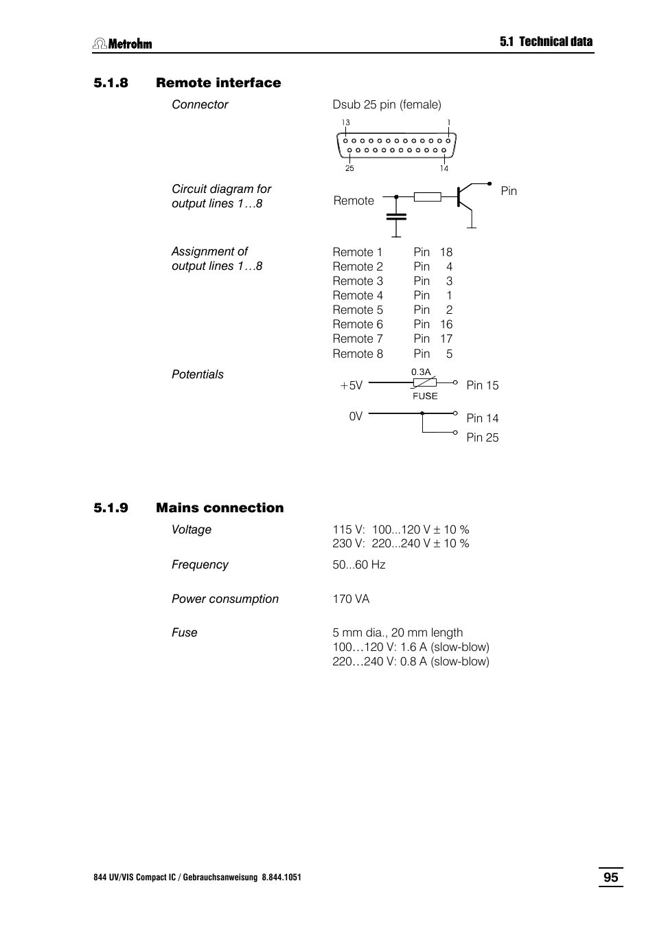 8 remote interface, Mains connection, Remote interface | Metrohm 844 UV/VIS Compact IC User Manual | Page 107 / 131