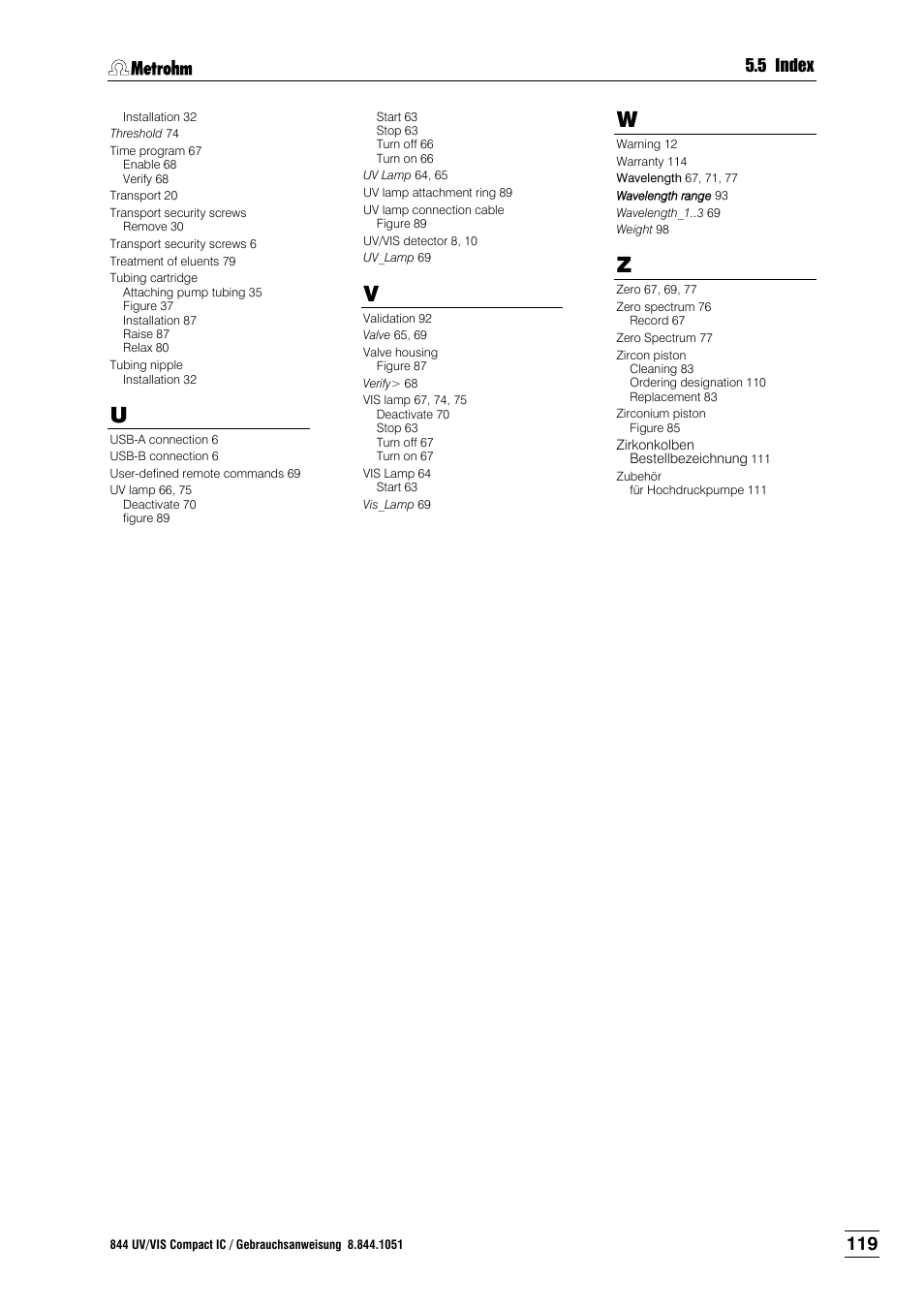 5 index | Metrohm 844 UV/VIS Compact IC User Manual | Page 131 / 131