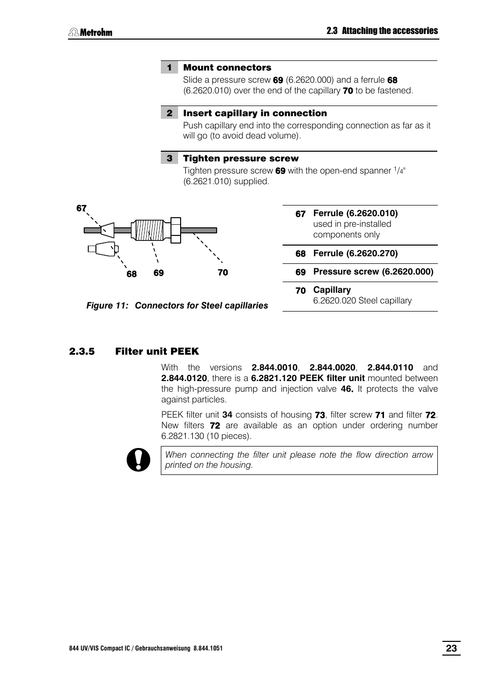 Filter unit peek, Figure 11, Connectors for steel capillaries | Metrohm 844 UV/VIS Compact IC User Manual | Page 35 / 131