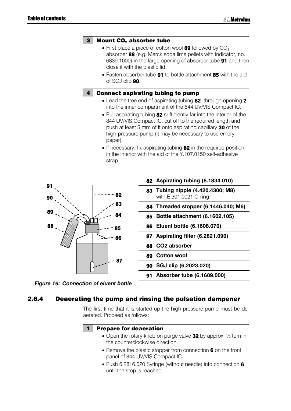 Figure 16, Connection of eluent bottle, Into eluent vessel 86 | Attachment, Ng 82, Tachment 85, End of aspirating tubing, Attachment 85, 83 (4.420.4300; part of 6.1602.160), The free end of aspirating tubing | Metrohm 844 UV/VIS Compact IC User Manual | Page 44 / 131