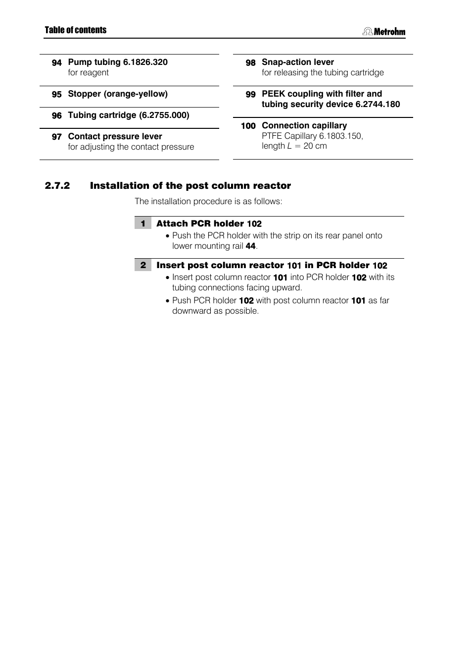 2 installation of the post column reactor, Installation of the post column reactor, E 96 | 98 f, Coupling 93, D end of pump tubing 94, Device" 99, Tubing 94 i, 95 sh | Metrohm 844 UV/VIS Compact IC User Manual | Page 48 / 131