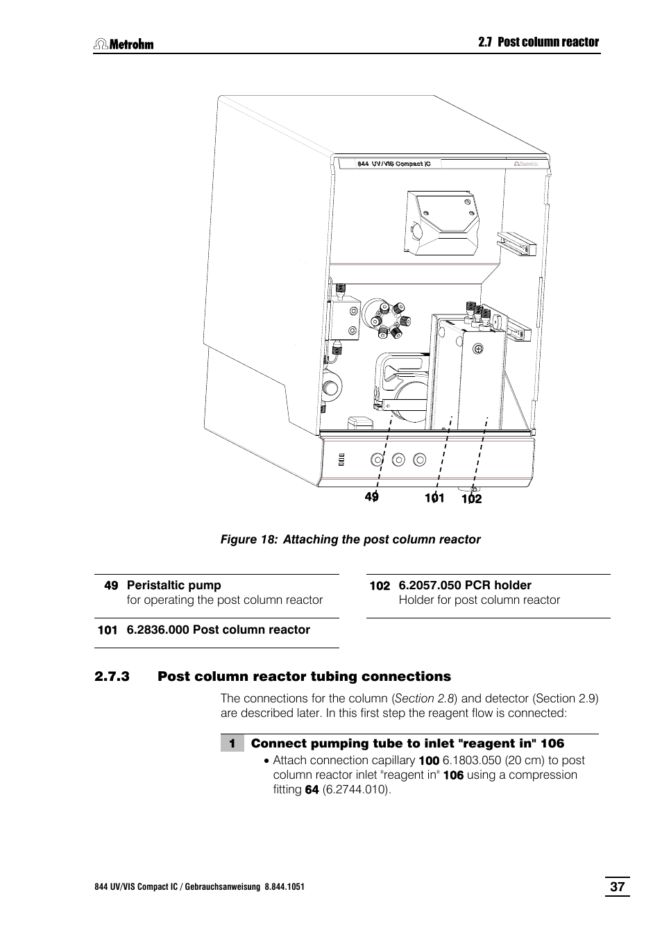 3 post column reactor tubing connections, Post column reactor tubing connections, Figure 18 | Attaching the post column reactor, Holder 102, Insert post column reactor 101 in, Lder 102, R 101, Er 102, Push pcr holder 102 | Metrohm 844 UV/VIS Compact IC User Manual | Page 49 / 131