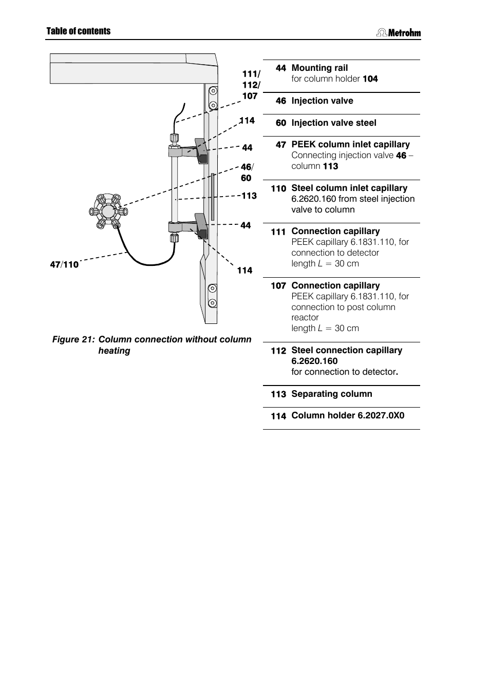 Figure 21, Column connection without column heating, Screw the inlet end of column 113 | Ary 111, 113 using a, 112 to | Metrohm 844 UV/VIS Compact IC User Manual | Page 54 / 131