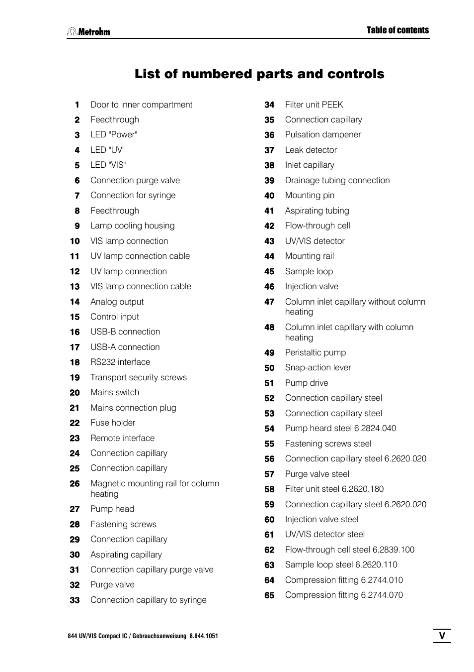 List of numbered parts and controls | Metrohm 844 UV/VIS Compact IC User Manual | Page 9 / 131