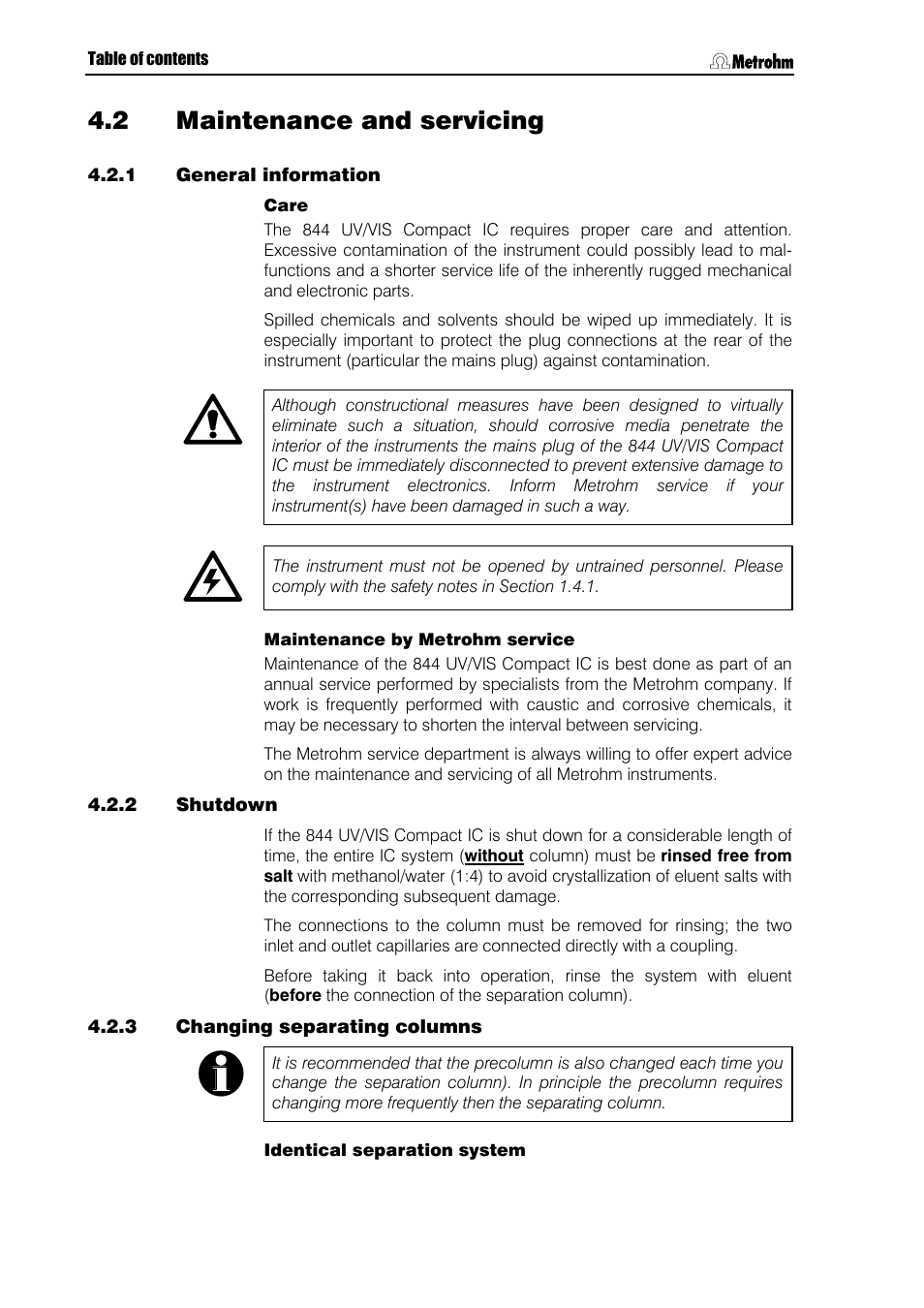 Maintenance and servicing, General information, Shutdown | Changing separating columns, 2 maintenance and servicing | Metrohm 844 UV/VIS Compact IC User Manual | Page 92 / 131