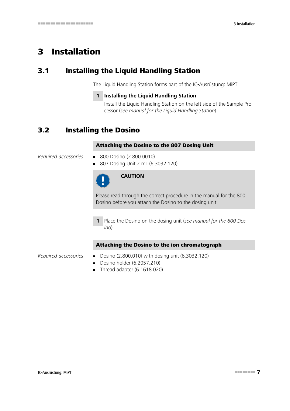 3 installation, 1 installing the liquid handling station, 2 installing the dosino | Installing the liquid handling station, Installing the dosino | Metrohm MiPT User Manual | Page 13 / 22