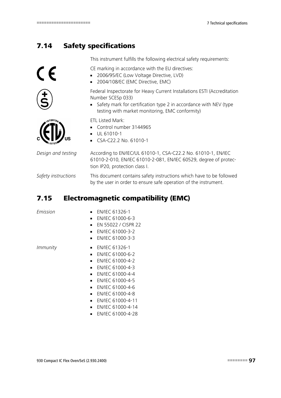 14 safety specifications, 15 electromagnetic compatibility (emc) | Metrohm 930 Compact IC Flex Oven/SeS User Manual | Page 105 / 111