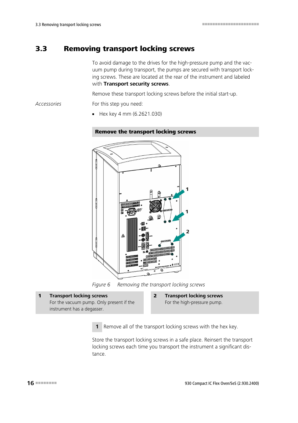 3 removing transport locking screws, Removing transport locking screws, Figure 6 | Removing the transport locking screws | Metrohm 930 Compact IC Flex Oven/SeS User Manual | Page 24 / 111