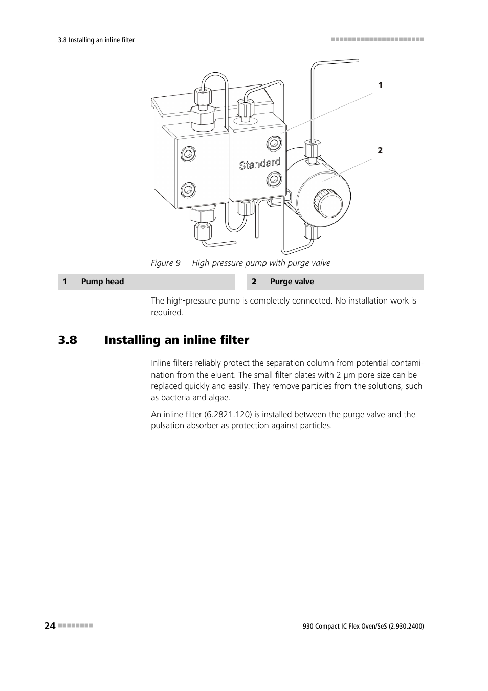 8 installing an inline filter, Installing an inline filter, Figure 9 | High-pressure pump with purge valve | Metrohm 930 Compact IC Flex Oven/SeS User Manual | Page 32 / 111