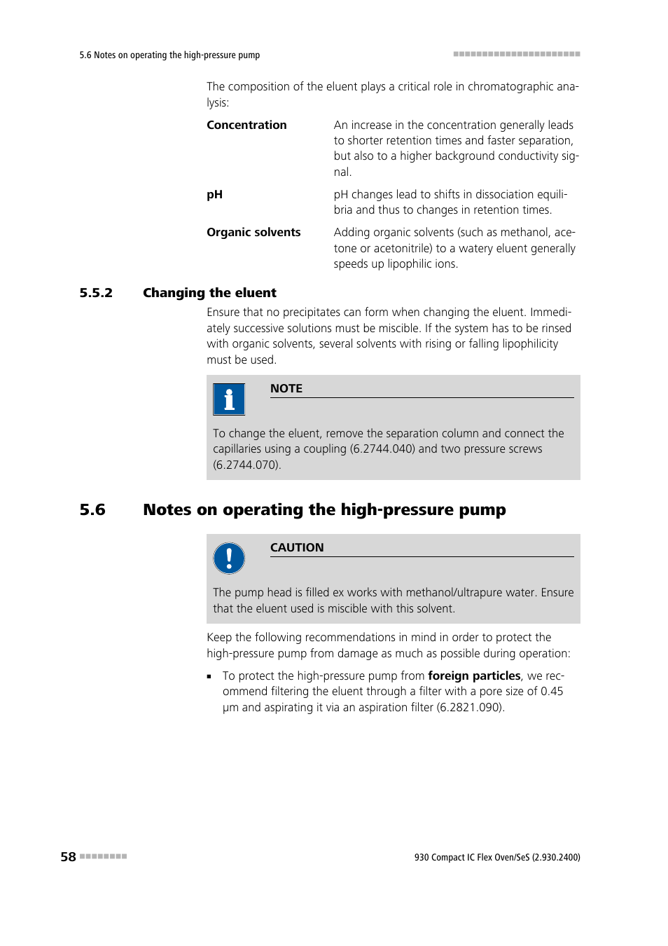2 changing the eluent, 6 notes on operating the high-pressure pump, Changing the eluent | Notes on operating the high-pressure pump | Metrohm 930 Compact IC Flex Oven/SeS User Manual | Page 66 / 111