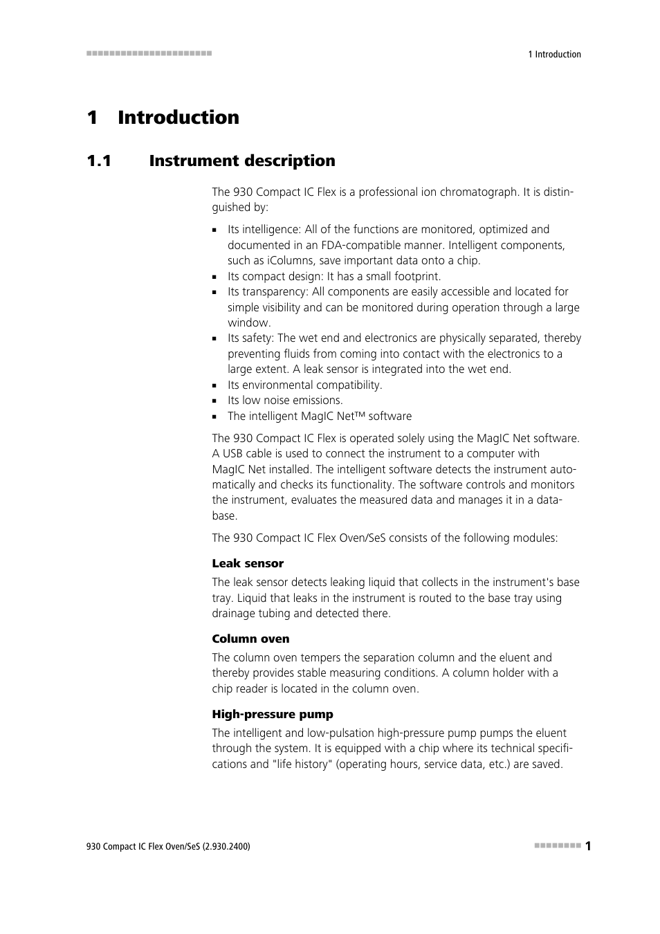 1 introduction, 1 instrument description, Instrument description | Metrohm 930 Compact IC Flex Oven/SeS User Manual | Page 9 / 111