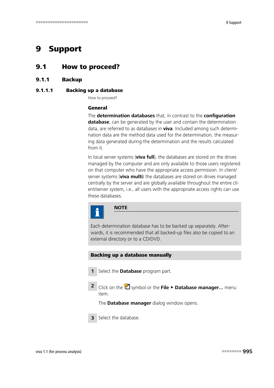 9 support, 1 how to proceed, 1 backup | 1 backing up a database, How to proceed, Backup | Metrohm viva 1.1 (ProLab) User Manual | Page 1007 / 1085