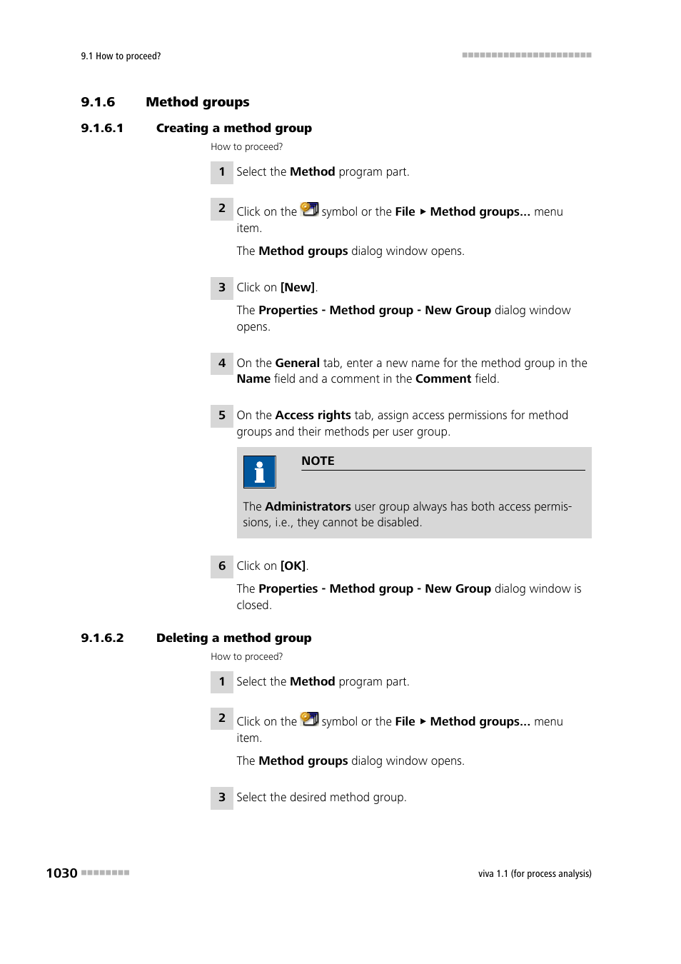 6 method groups, 1 creating a method group, 2 deleting a method group | Method groups 0 | Metrohm viva 1.1 (ProLab) User Manual | Page 1042 / 1085