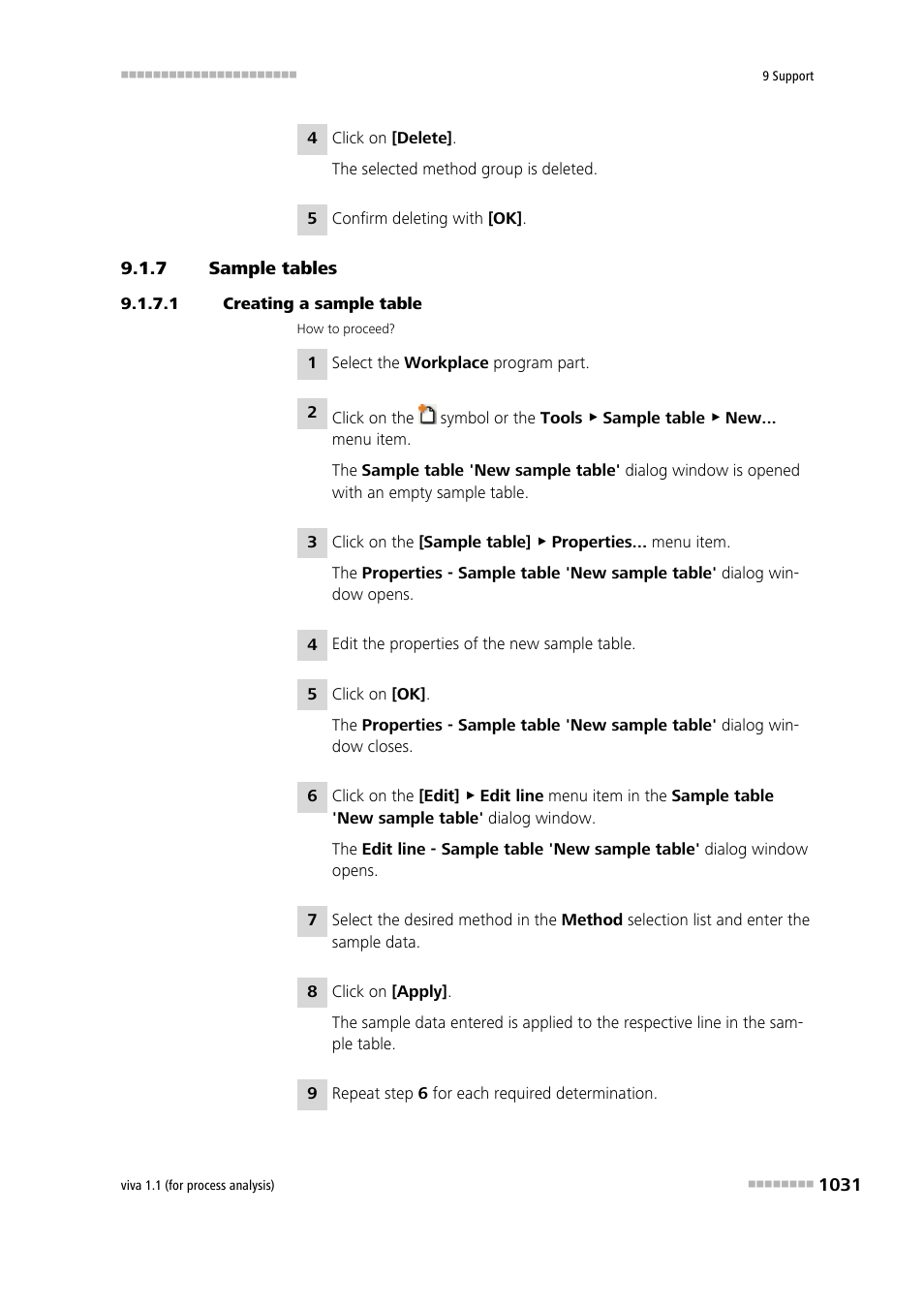 7 sample tables, 1 creating a sample table, Sample tables 1 | Metrohm viva 1.1 (ProLab) User Manual | Page 1043 / 1085