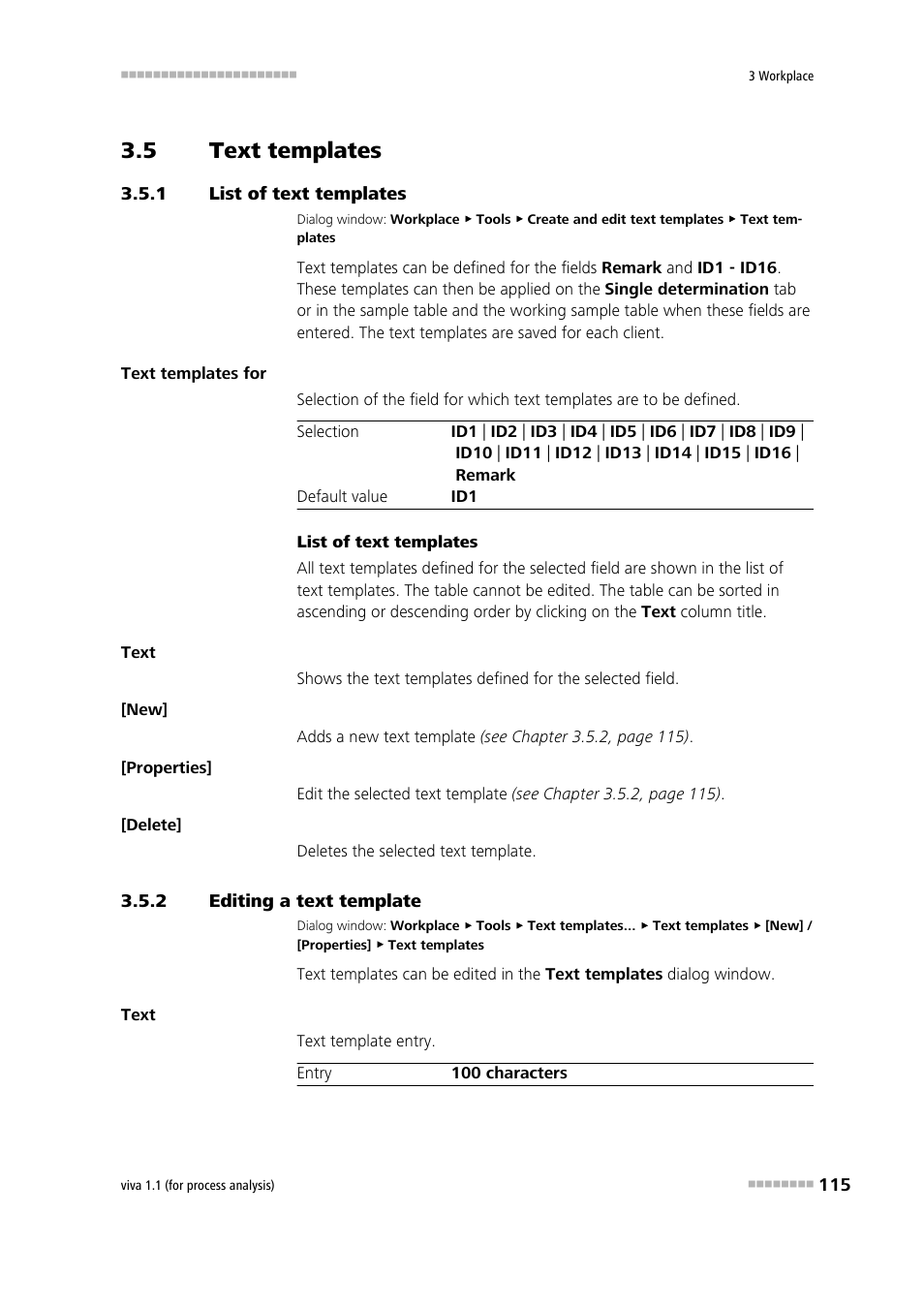 5 text templates, 1 list of text templates, 2 editing a text template | Text templates, List of text templates, Editing a text template, Defining text templates | Metrohm viva 1.1 (ProLab) User Manual | Page 127 / 1085