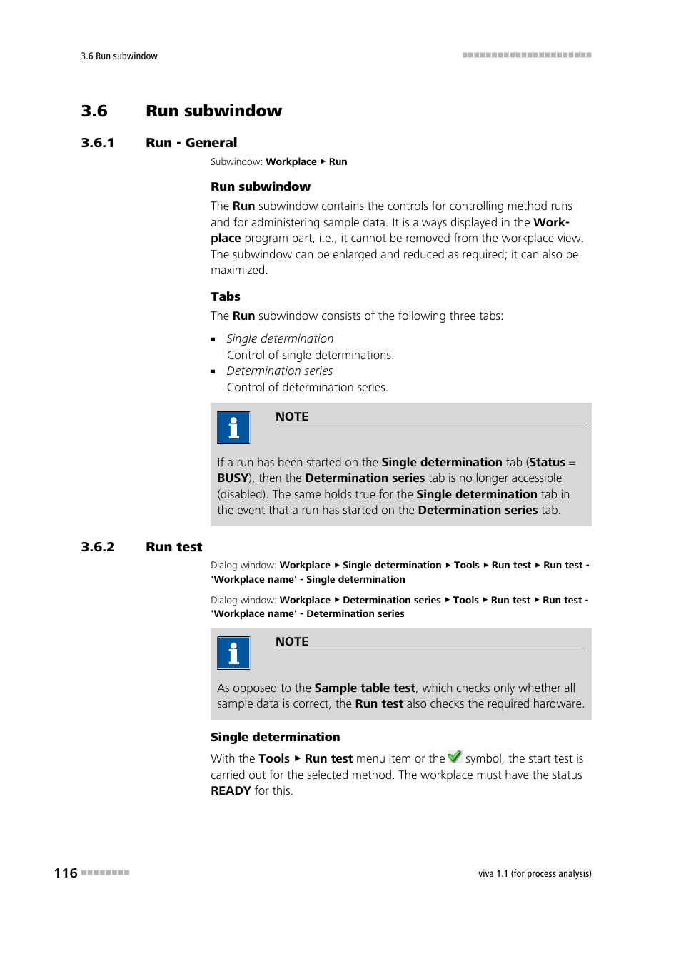 6 run subwindow, 1 run - general, 2 run test | Run subwindow, Run - general, Run test, Performing a run test | Metrohm viva 1.1 (ProLab) User Manual | Page 128 / 1085