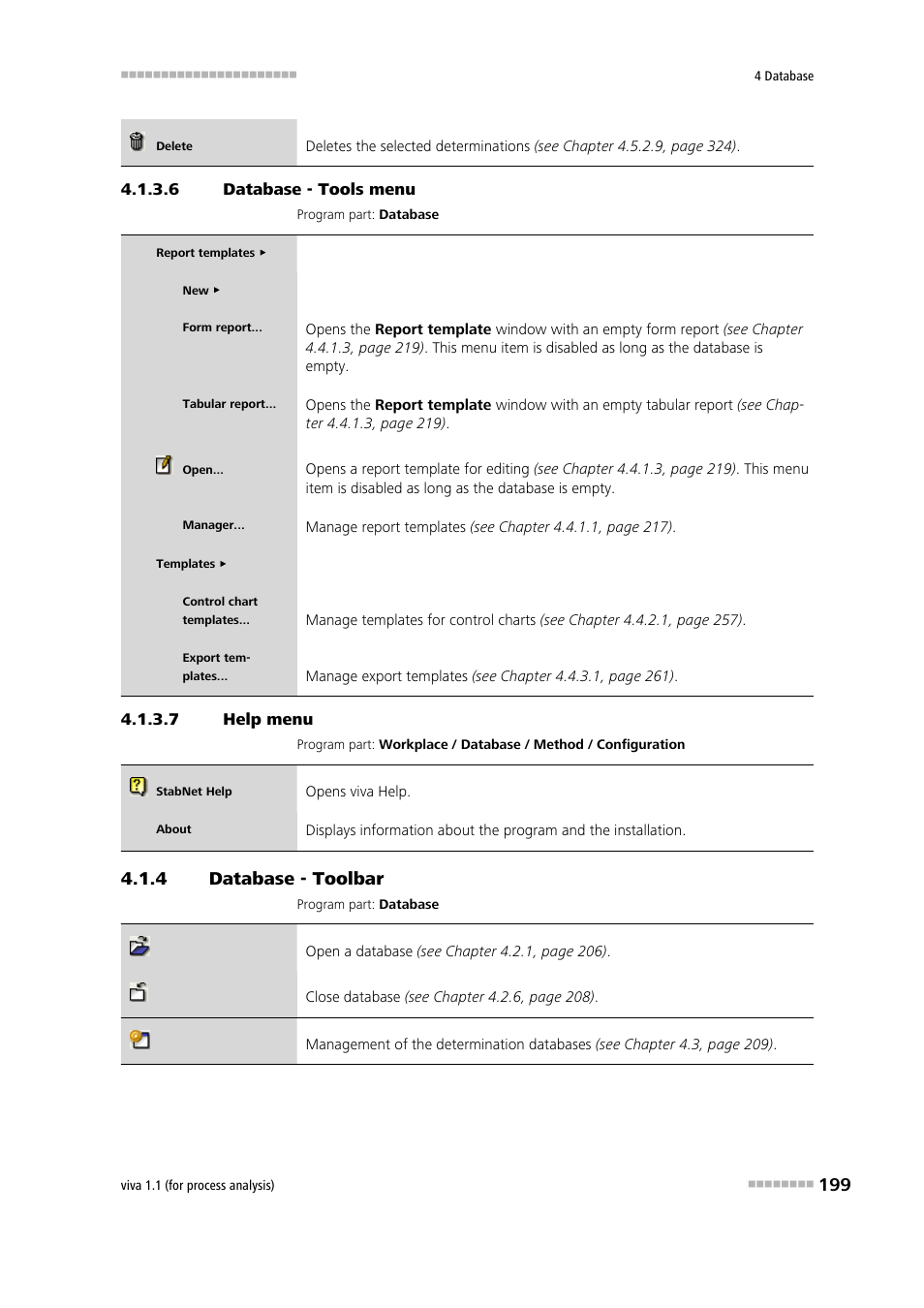 6 database - tools menu, 7 help menu, 4 database - toolbar | Database - toolbar, Tools | Metrohm viva 1.1 (ProLab) User Manual | Page 211 / 1085