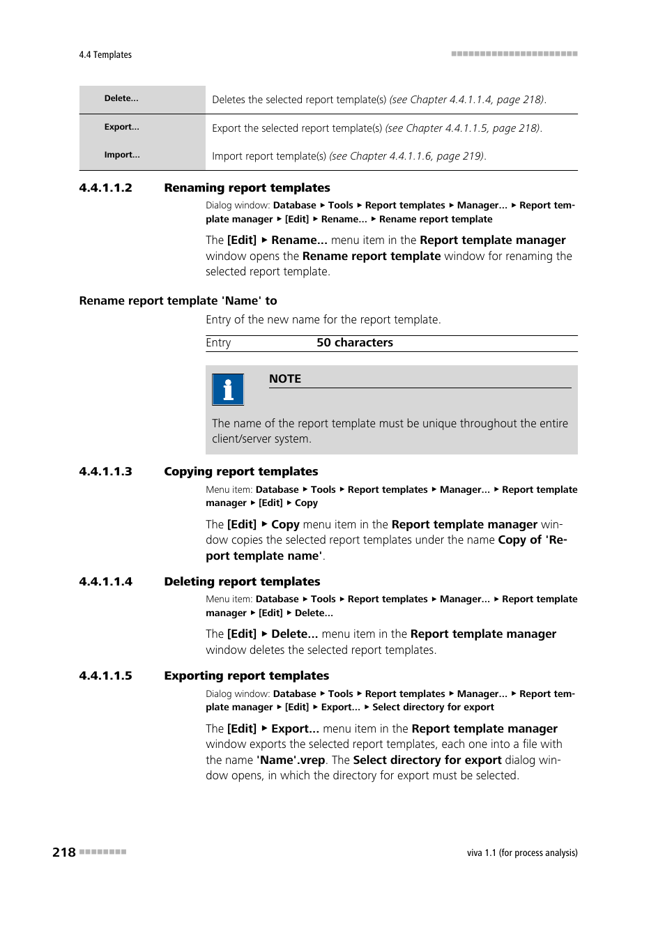 2 renaming report templates, 3 copying report templates, 4 deleting report templates | 5 exporting report templates | Metrohm viva 1.1 (ProLab) User Manual | Page 230 / 1085