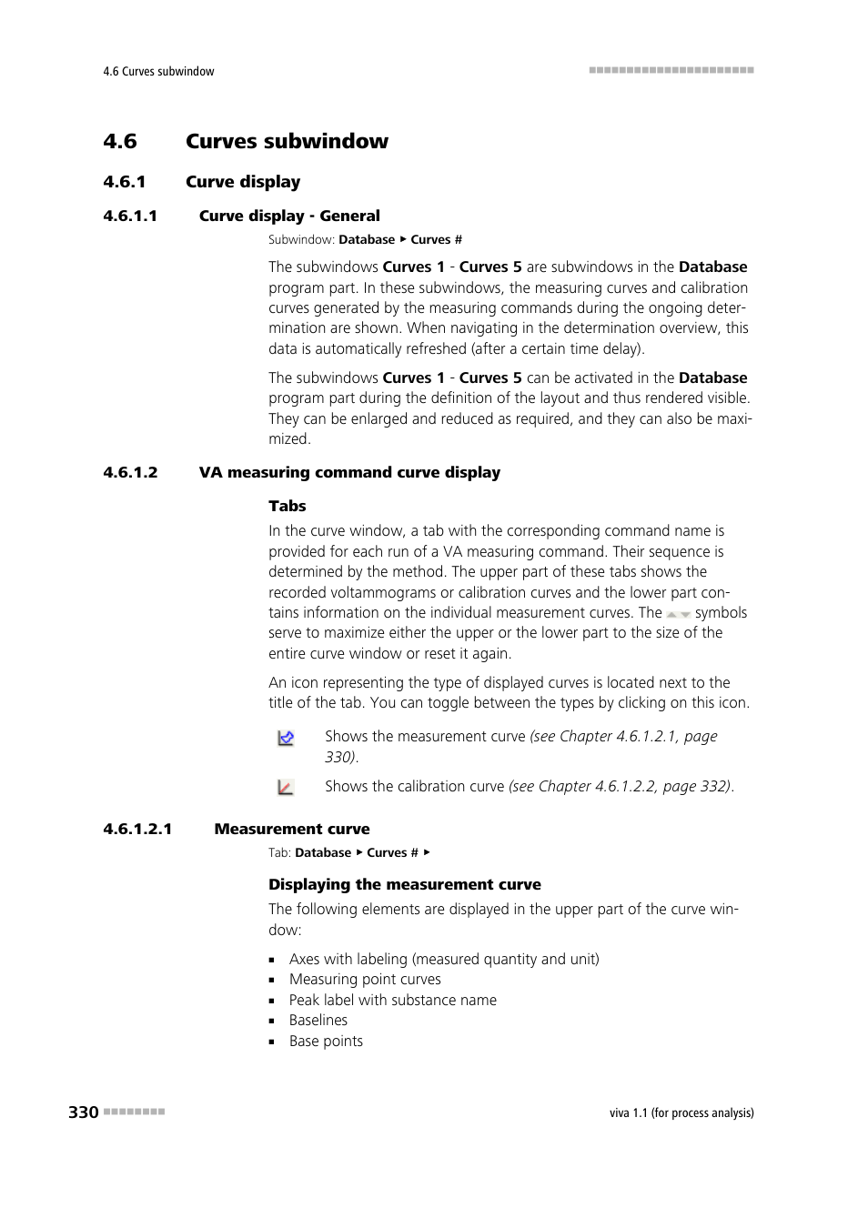 6 curves subwindow, 1 curve display, 1 curve display - general | 2 va measuring command curve display, 1 measurement curve, Curves subwindow, Curve display, Curves 1 - 5 | Metrohm viva 1.1 (ProLab) User Manual | Page 342 / 1085