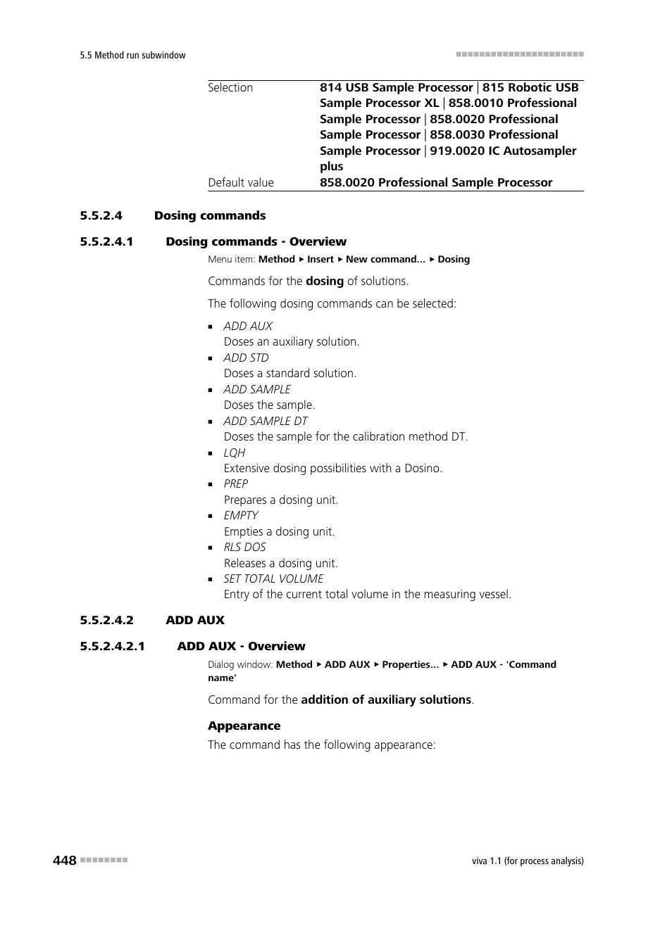 4 dosing commands, 1 dosing commands - overview, 2 add aux | 1 add aux - overview, Add aux | Metrohm viva 1.1 (ProLab) User Manual | Page 460 / 1085