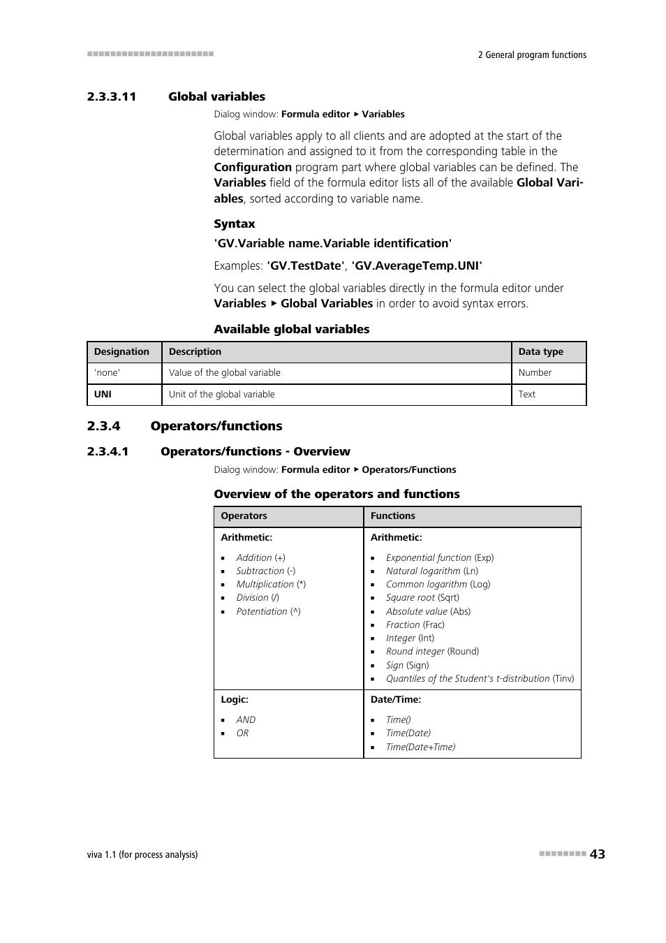 11 global variables, 4 operators/functions, 1 operators/functions - overview | Operators/functions, Global variables | Metrohm viva 1.1 (ProLab) User Manual | Page 55 / 1085