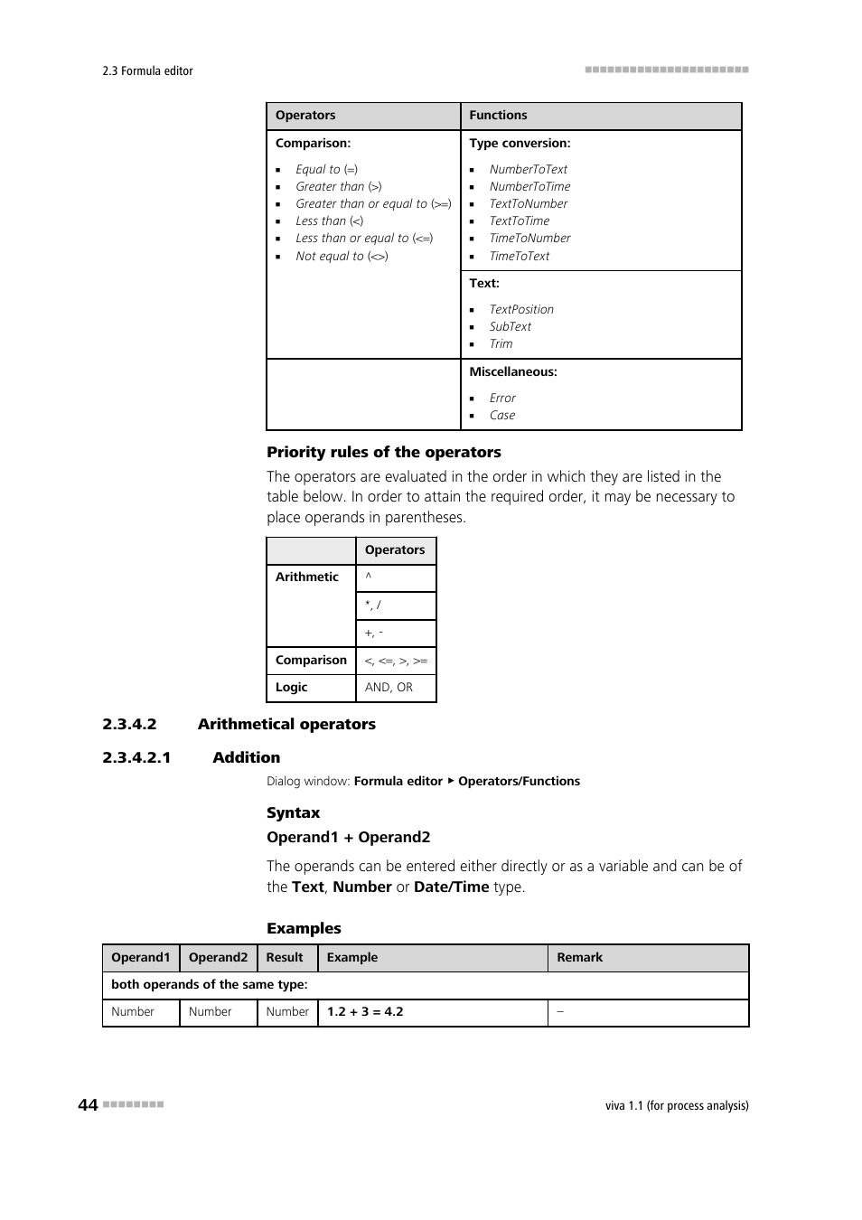 2 arithmetical operators, 1 addition, Addition | Subtraction (-), Multiplication, Division (/), Potentiation | Metrohm viva 1.1 (ProLab) User Manual | Page 56 / 1085