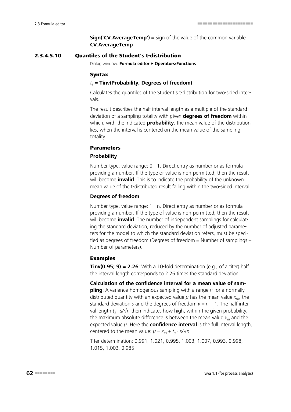 10 quantiles of the student's t-distribution, Quantiles of the student's t-distribution | Metrohm viva 1.1 (ProLab) User Manual | Page 74 / 1085