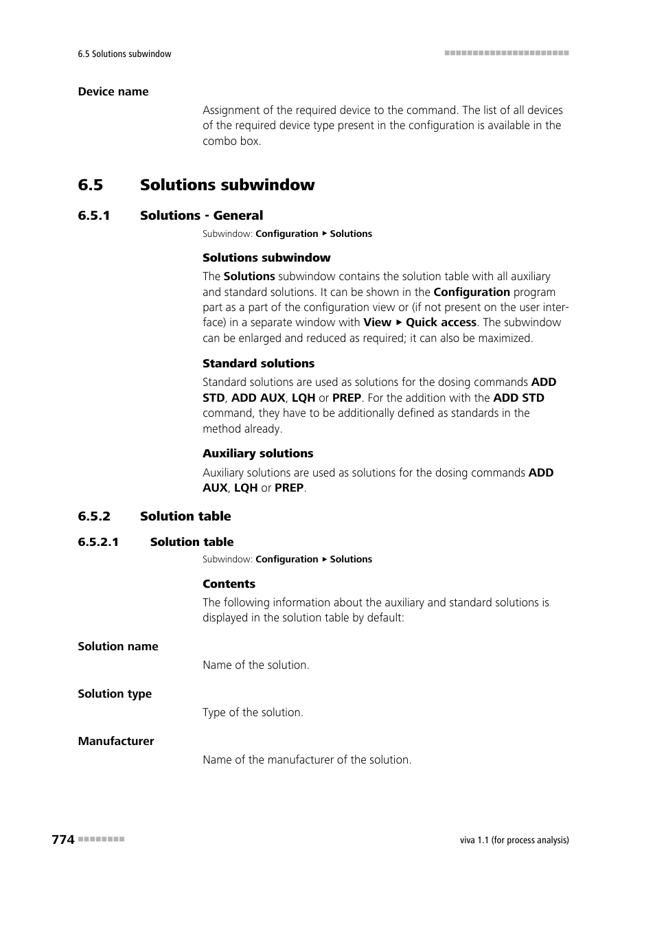 5 solutions subwindow, 1 solutions - general, 2 solution table | 1 solution table, Solutions subwindow, Solutions - general, Solution table, Solutions | Metrohm viva 1.1 (ProLab) User Manual | Page 786 / 1085