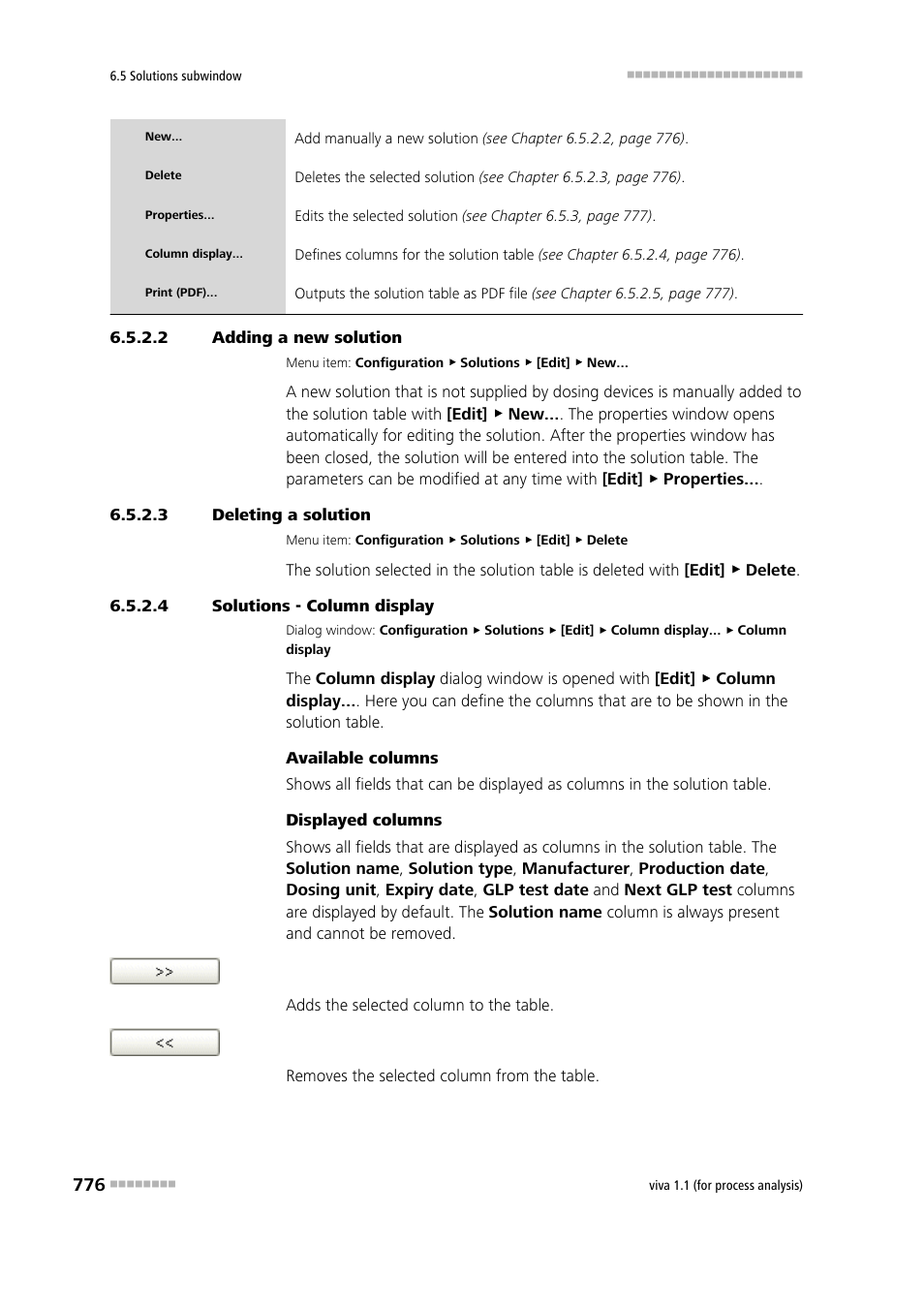 2 adding a new solution, 3 deleting a solution, 4 solutions - column display | Metrohm viva 1.1 (ProLab) User Manual | Page 788 / 1085
