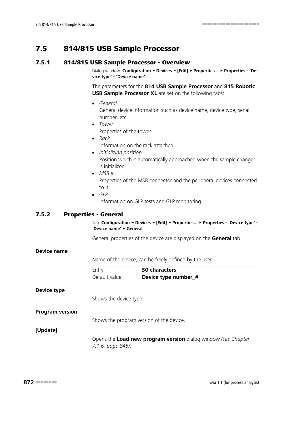 5 814/815 usb sample processor, 1 814/815 usb sample processor - overview, 2 properties - general | 814/815 usb sample processor, 814/815 usb sample processor - overview, Properties - general | Metrohm viva 1.1 (ProLab) User Manual | Page 884 / 1085