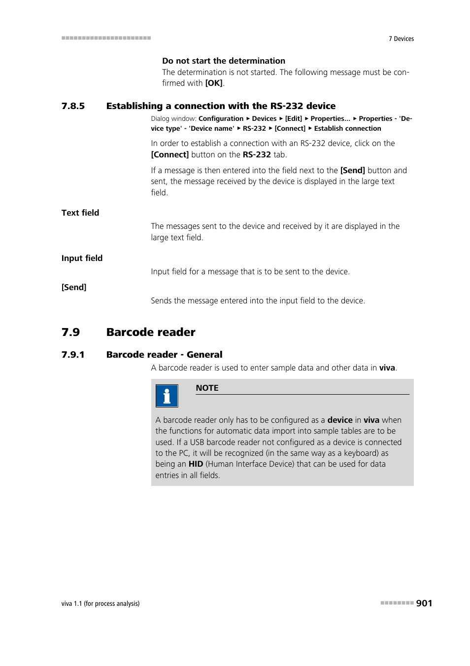 5 establishing a connection with the rs-232 device, 9 barcode reader, 1 barcode reader - general | Establishing a connection with the rs-232 device, Barcode reader, Barcode reader - general | Metrohm viva 1.1 (ProLab) User Manual | Page 913 / 1085