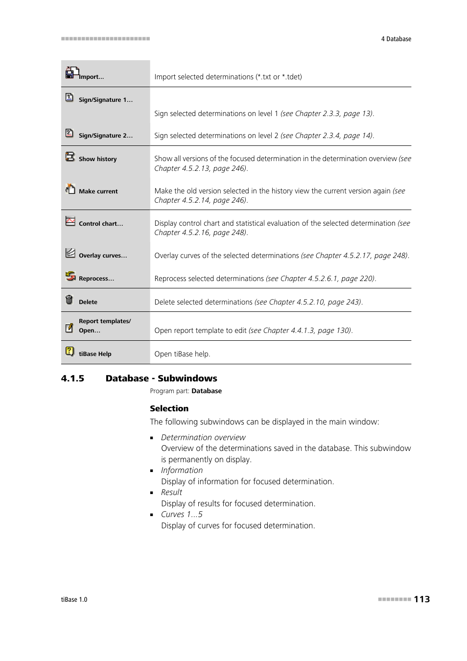 5 database - subwindows, Database - subwindows | Metrohm tiBase 1.0 Manual User Manual | Page 121 / 339