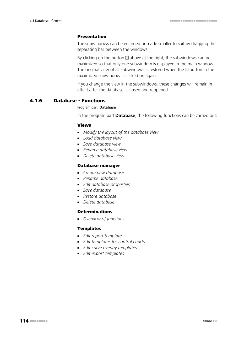 6 database - functions, Database - functions | Metrohm tiBase 1.0 Manual User Manual | Page 122 / 339