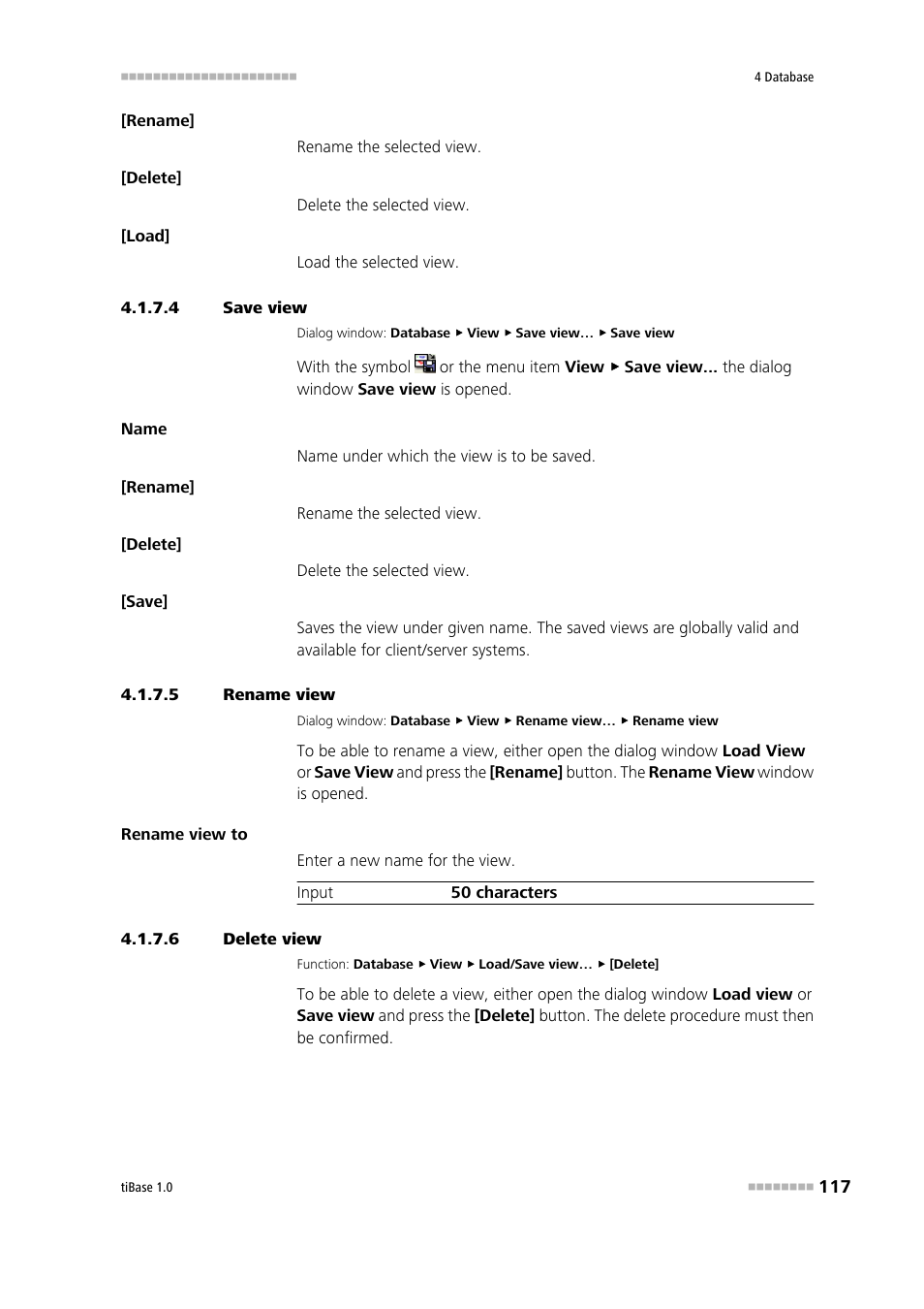 4 save view, 5 rename view, 6 delete view | Save database view, Rename database view, Delete database view, Save view, Rename view, Delete view | Metrohm tiBase 1.0 Manual User Manual | Page 125 / 339