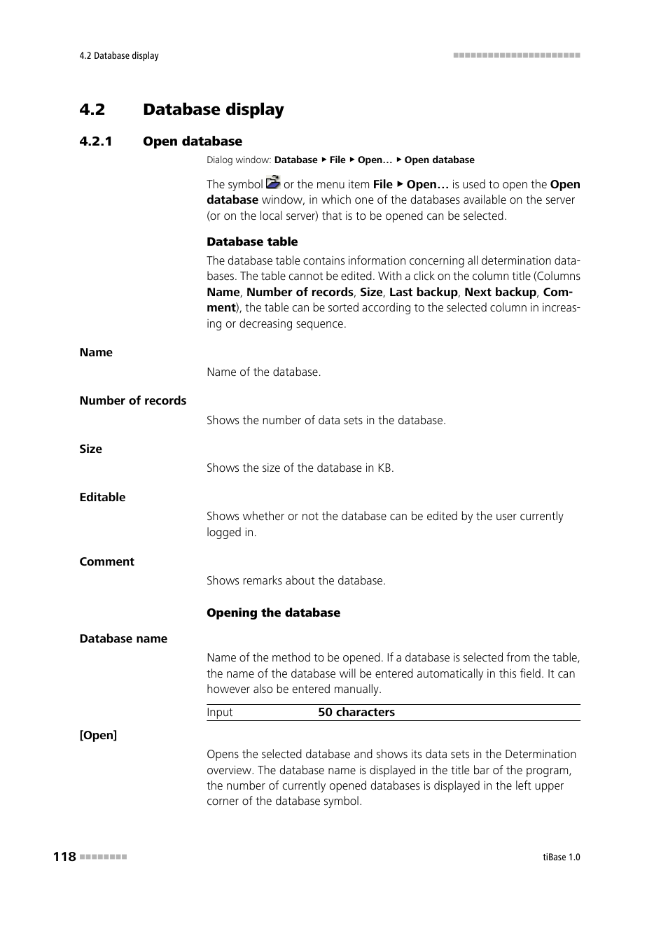 2 database display, 1 open database, Database display | Open database | Metrohm tiBase 1.0 Manual User Manual | Page 126 / 339