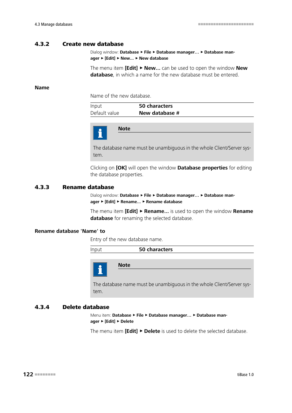 2 create new database, 3 rename database, 4 delete database | Create new database, Rename database, Delete database | Metrohm tiBase 1.0 Manual User Manual | Page 130 / 339