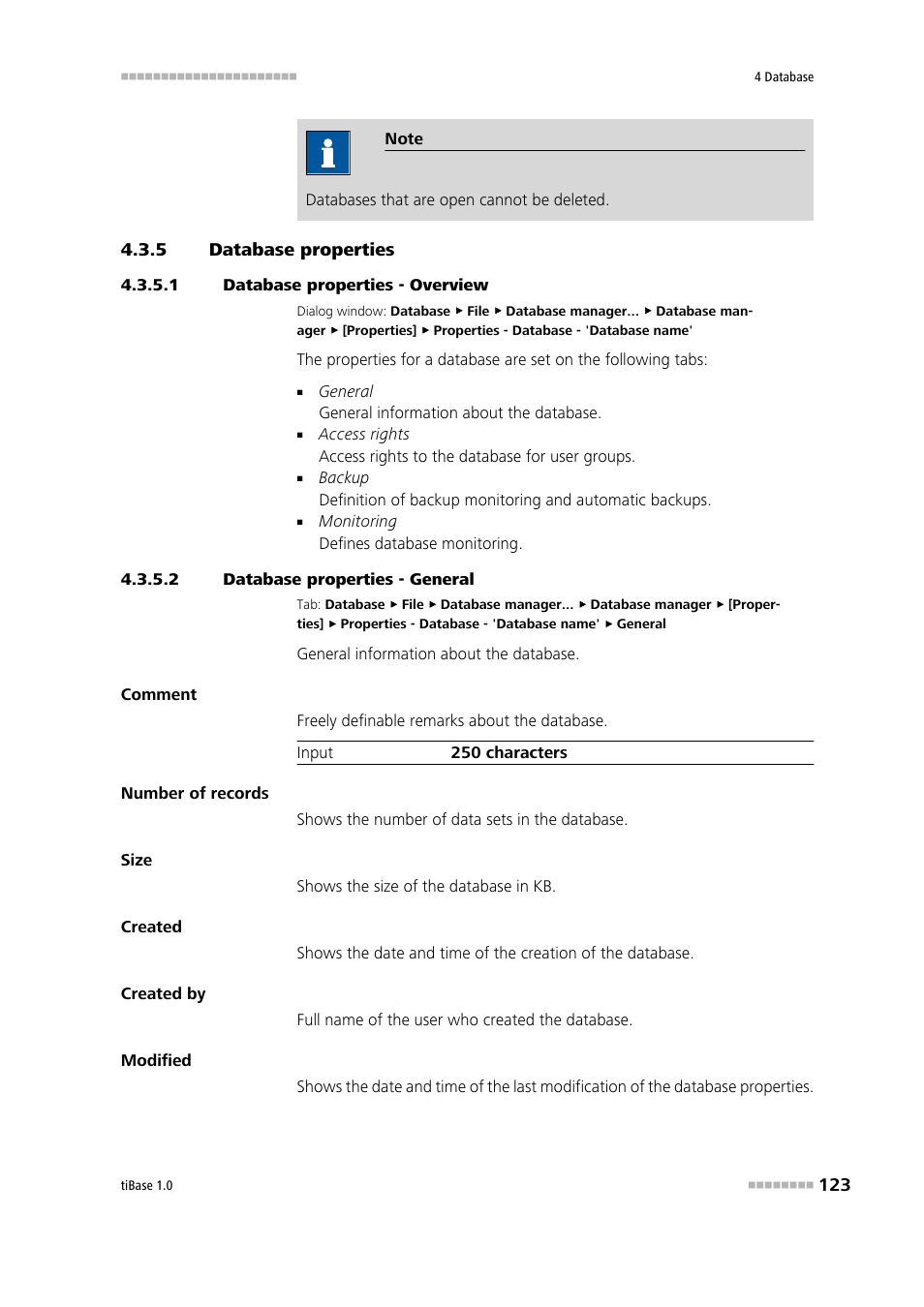 5 database properties, 1 database properties - overview, 2 database properties - general | Database properties, Edit database properties | Metrohm tiBase 1.0 Manual User Manual | Page 131 / 339