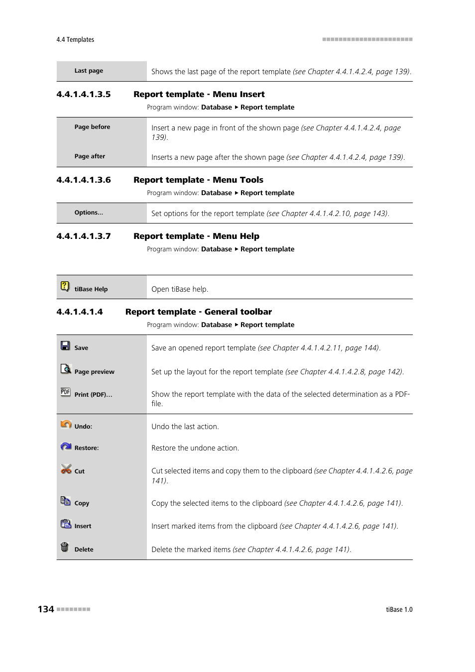 5 report template - menu insert, 6 report template - menu tools, 7 report template - menu help | 4 report template - general toolbar, General toolbar, Insert, Tools, Help | Metrohm tiBase 1.0 Manual User Manual | Page 142 / 339
