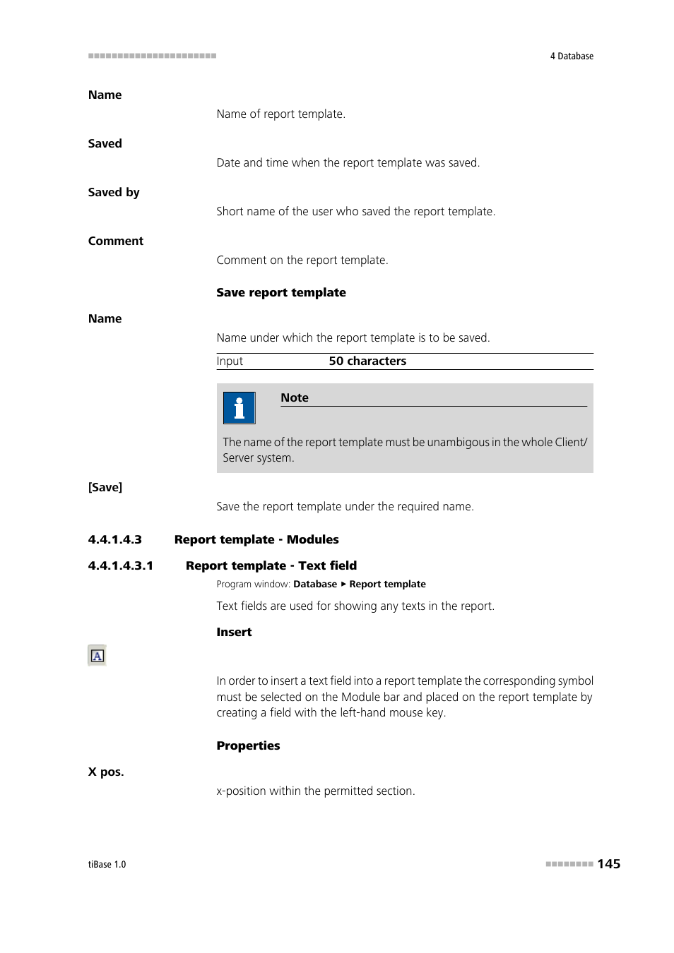 3 report template - modules, 1 report template - text field, Text field | Metrohm tiBase 1.0 Manual User Manual | Page 153 / 339