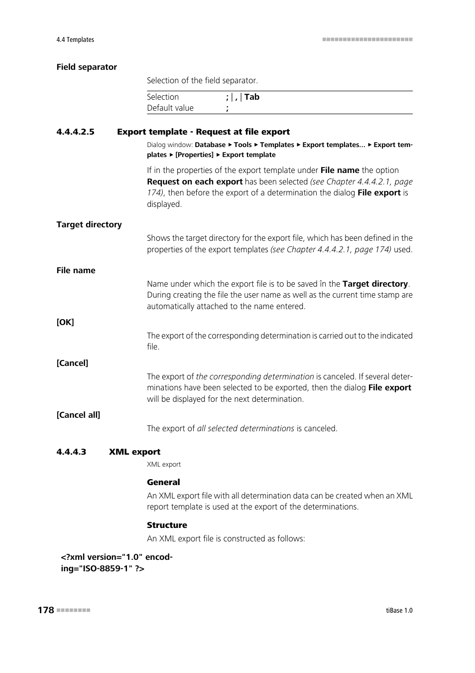 5 export template - request at file export, 3 xml export | Metrohm tiBase 1.0 Manual User Manual | Page 186 / 339