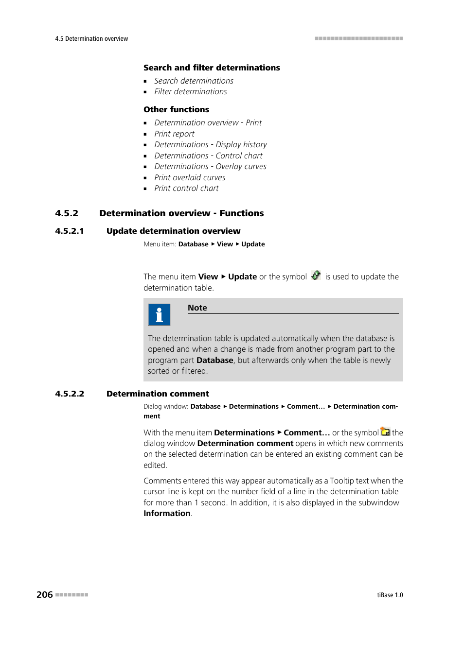 2 determination overview - functions, 1 update determination overview, 2 determination comment | Determination overview - functions, Update determination overview, Enter determination comment | Metrohm tiBase 1.0 Manual User Manual | Page 214 / 339