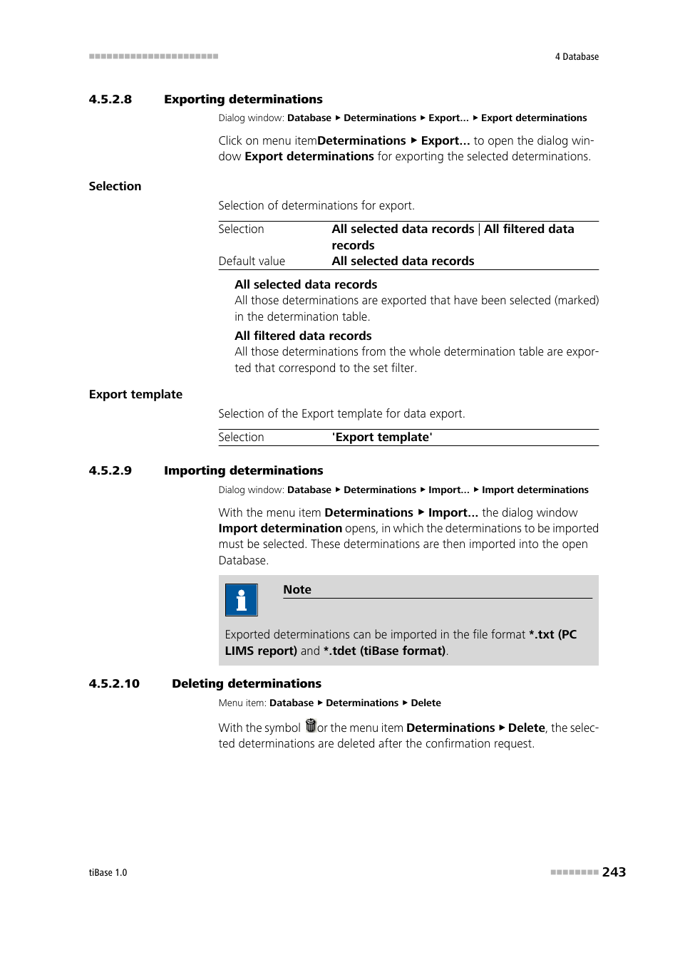 8 exporting determinations, 9 importing determinations, 10 deleting determinations | Export determinations, Import determinations, Delete determinations | Metrohm tiBase 1.0 Manual User Manual | Page 251 / 339