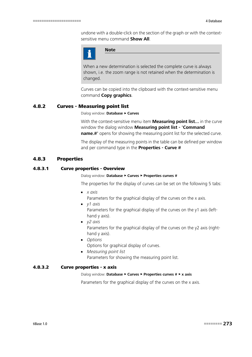 2 curves - measuring point list, 3 properties, 1 curve properties - overview | 2 curve properties - x axis, Curves - measuring point list, Properties, X axis | Metrohm tiBase 1.0 Manual User Manual | Page 281 / 339