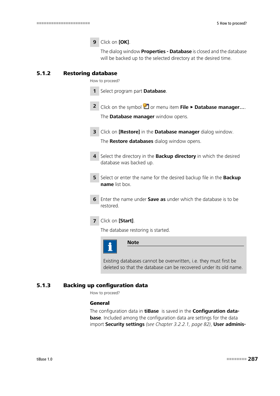 2 restoring database, 3 backing up configuration data, Restoring database | Backing up configuration data | Metrohm tiBase 1.0 Manual User Manual | Page 295 / 339